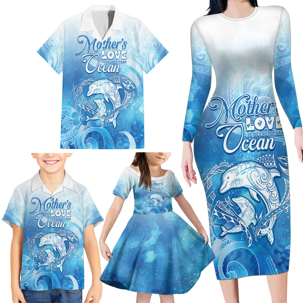 Mother's Love Is Deeper Than Ocean Family Matching Long Sleeve Bodycon Dress and Hawaiian Shirt Polynesian Style