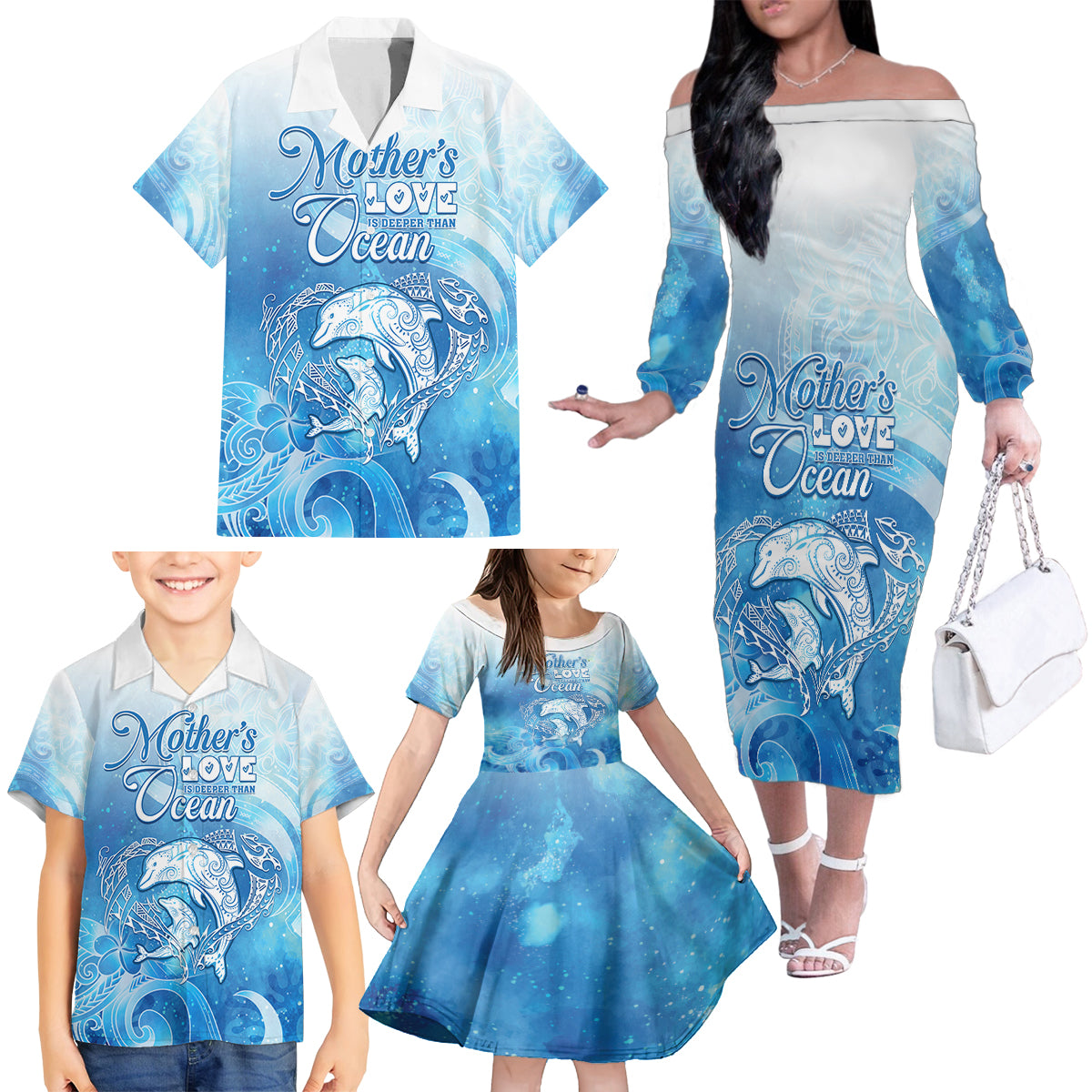 Mother's Love Is Deeper Than Ocean Family Matching Off The Shoulder Long Sleeve Dress and Hawaiian Shirt Polynesian Style