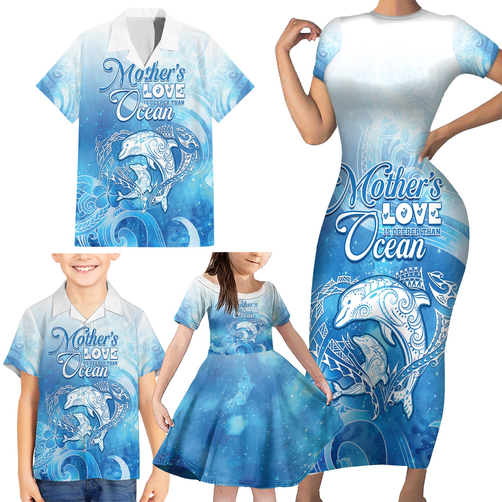 Mother's Love Is Deeper Than Ocean Family Matching Short Sleeve Bodycon Dress and Hawaiian Shirt Polynesian Style