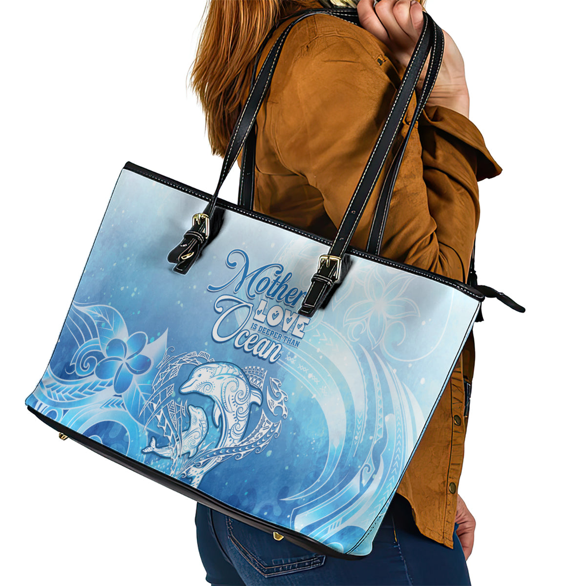 Mother's Love Is Deeper Than Ocean Leather Tote Bag Polynesian Style LT05 - Polynesian Pride