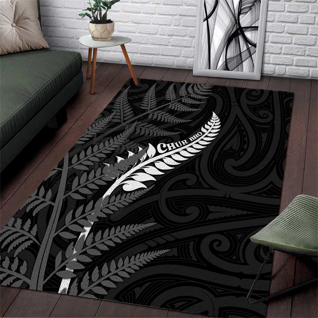 New Zealand Chur Bro Area Rug Maori Koru With Silver Fern LT05 Black - Polynesian Pride