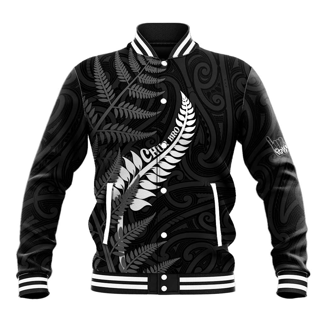 Personalised New Zealand Chur Bro Baseball Jacket Maori Koru With Silver Fern LT05 Unisex Black - Polynesian Pride