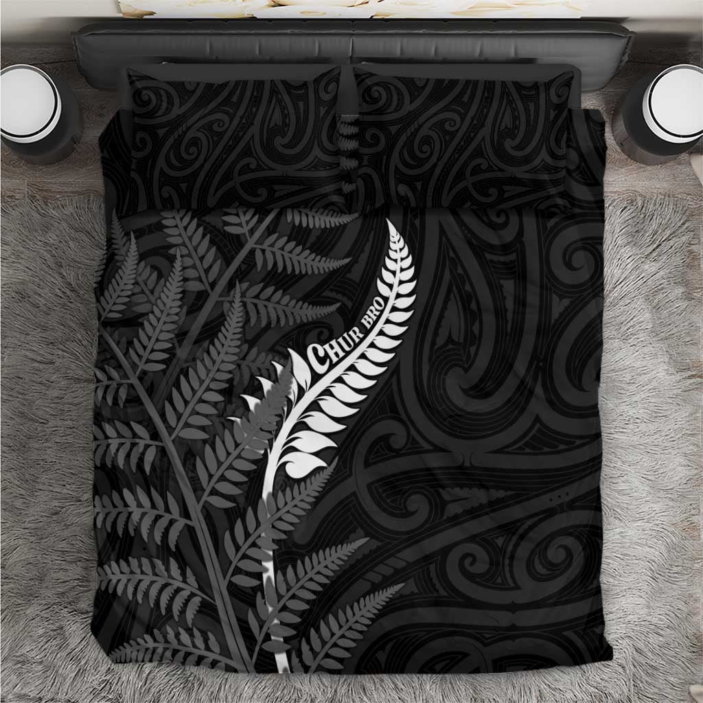 New Zealand Chur Bro Bedding Set Maori Koru With Silver Fern LT05 Black - Polynesian Pride