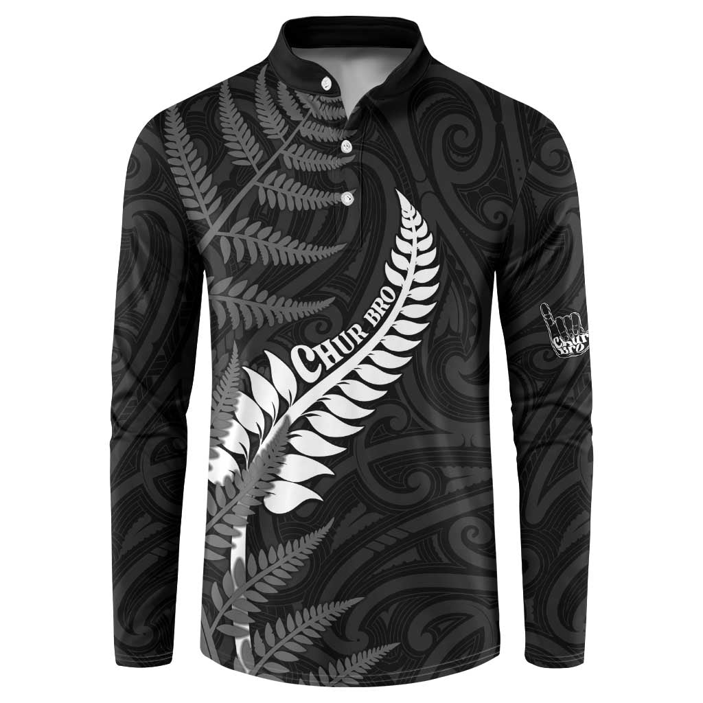 Personalised New Zealand Chur Bro Button Sweatshirt Maori Koru With Silver Fern LT05 Black - Polynesian Pride