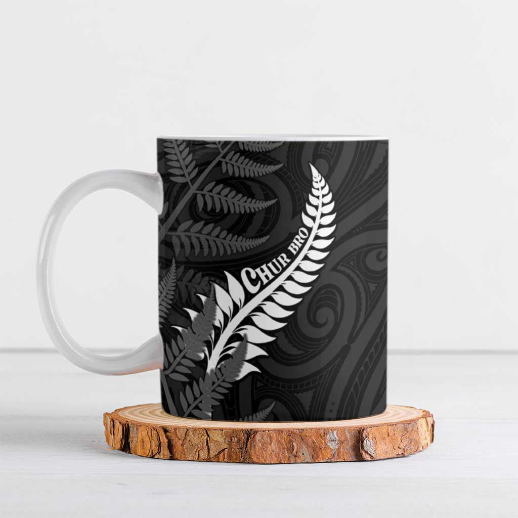 Personalised New Zealand Chur Bro Ceramic Mug Maori Koru With Silver Fern LT05 Black - Polynesian Pride