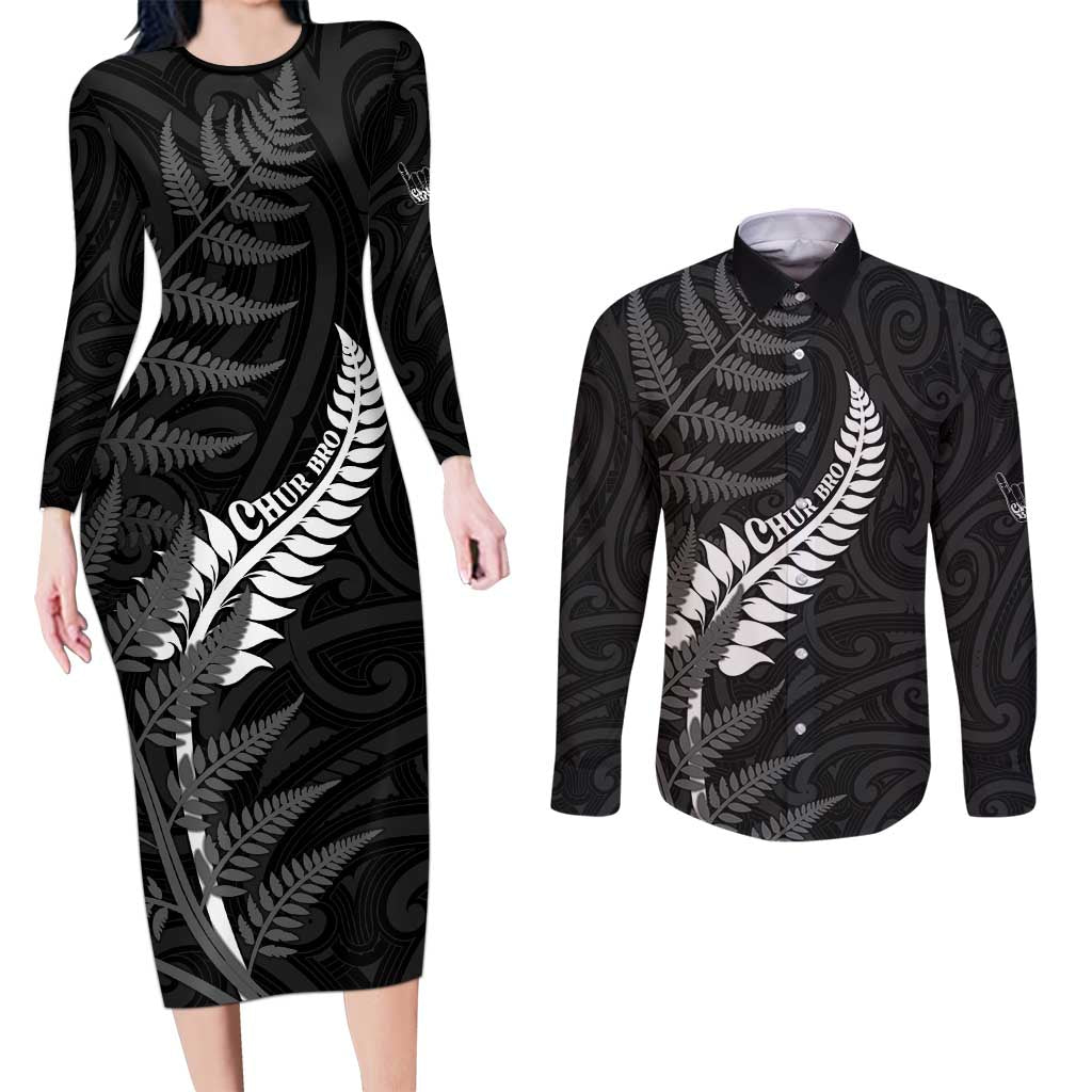 Personalised New Zealand Chur Bro Couples Matching Long Sleeve Bodycon Dress and Long Sleeve Button Shirt Maori Koru With Silver Fern LT05 Black - Polynesian Pride