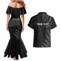 Personalised New Zealand Chur Bro Couples Matching Mermaid Dress and Hawaiian Shirt Maori Koru With Silver Fern