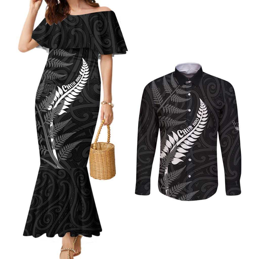 Personalised New Zealand Chur Bro Couples Matching Mermaid Dress and Long Sleeve Button Shirt Maori Koru With Silver Fern LT05 Black - Polynesian Pride