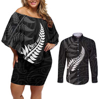 Personalised New Zealand Chur Bro Couples Matching Off Shoulder Short Dress and Long Sleeve Button Shirt Maori Koru With Silver Fern