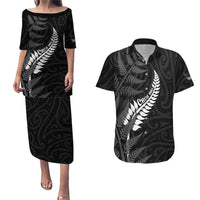 Personalised New Zealand Chur Bro Couples Matching Puletasi and Hawaiian Shirt Maori Koru With Silver Fern