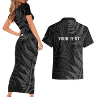 Personalised New Zealand Chur Bro Couples Matching Short Sleeve Bodycon Dress and Hawaiian Shirt Maori Koru With Silver Fern