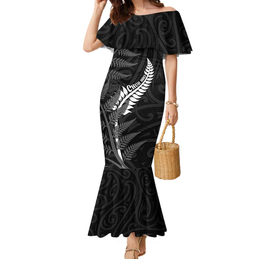 Personalised New Zealand Chur Bro Family Matching Mermaid Dress and Hawaiian Shirt Maori Koru With Silver Fern