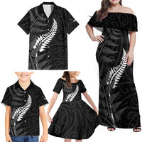 Personalised New Zealand Chur Bro Family Matching Off Shoulder Maxi Dress and Hawaiian Shirt Maori Koru With Silver Fern