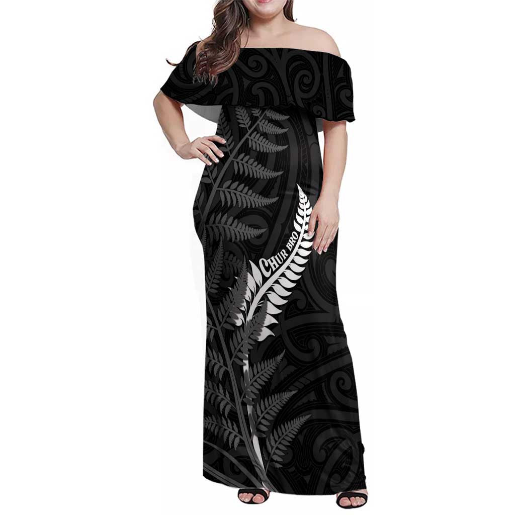 Personalised New Zealand Chur Bro Family Matching Off Shoulder Maxi Dress and Hawaiian Shirt Maori Koru With Silver Fern