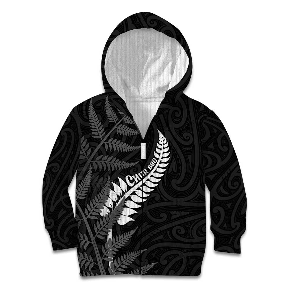 Personalised New Zealand Chur Bro Kid Hoodie Maori Koru With Silver Fern LT05 Zip Hoodie Black - Polynesian Pride