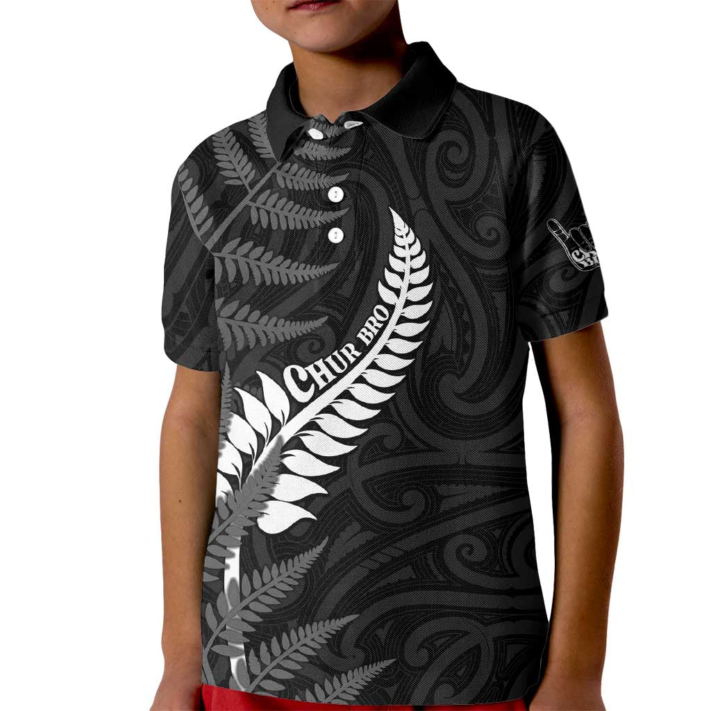 Personalised New Zealand Chur Bro Kid Polo Shirt Maori Koru With Silver Fern LT05 Kid Black - Polynesian Pride