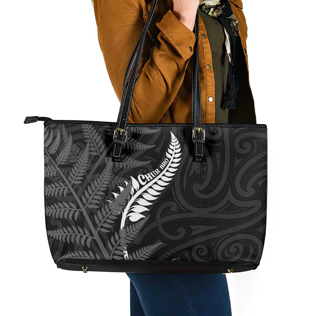 New Zealand Chur Bro Leather Tote Bag Maori Koru With Silver Fern LT05 - Polynesian Pride
