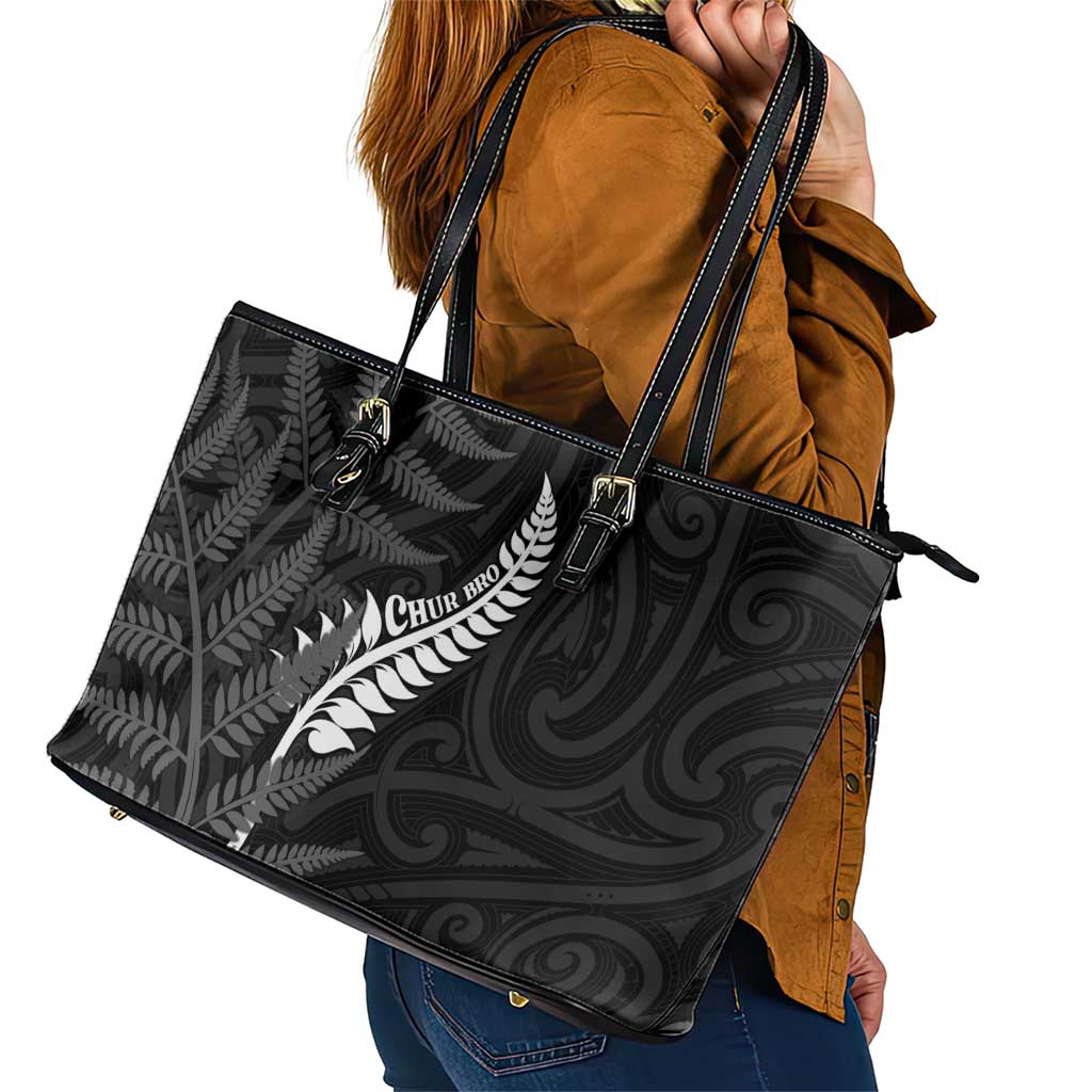 New Zealand Chur Bro Leather Tote Bag Maori Koru With Silver Fern LT05 - Polynesian Pride