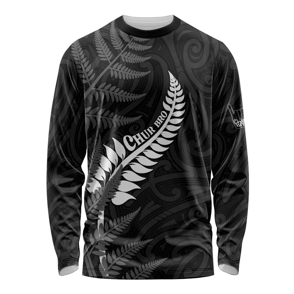 Personalised New Zealand Chur Bro Long Sleeve Shirt Maori Koru With Silver Fern LT05 Unisex Black - Polynesian Pride