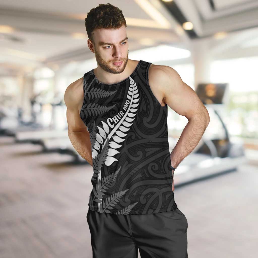 Personalised New Zealand Chur Bro Men Tank Top Maori Koru With Silver Fern LT05 Black - Polynesian Pride