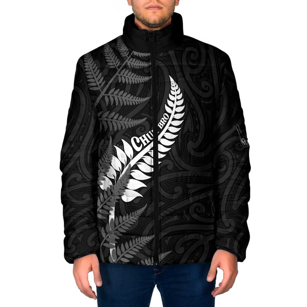 Personalised New Zealand Chur Bro Padded Jacket Maori Koru With Silver Fern LT05 Men Black - Polynesian Pride