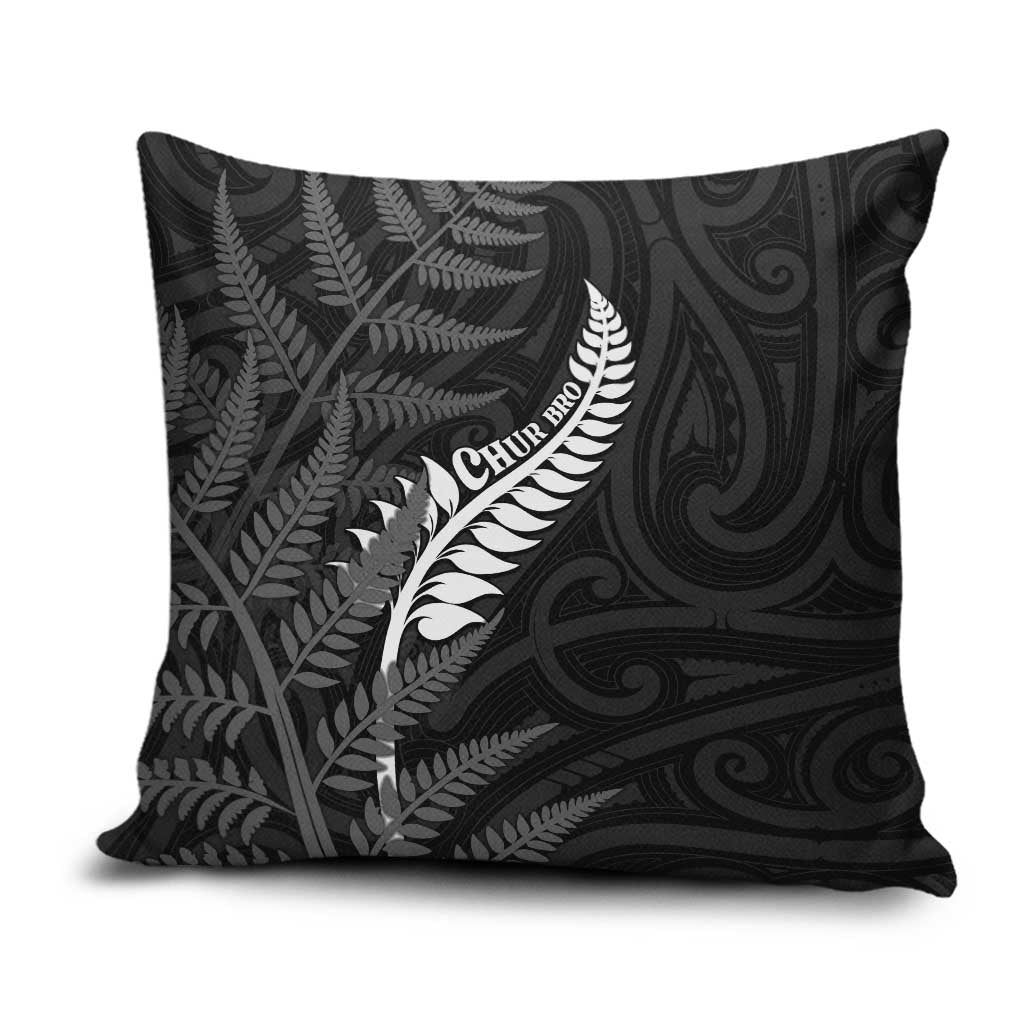 New Zealand Chur Bro Pillow Cover Maori Koru With Silver Fern LT05 Black - Polynesian Pride