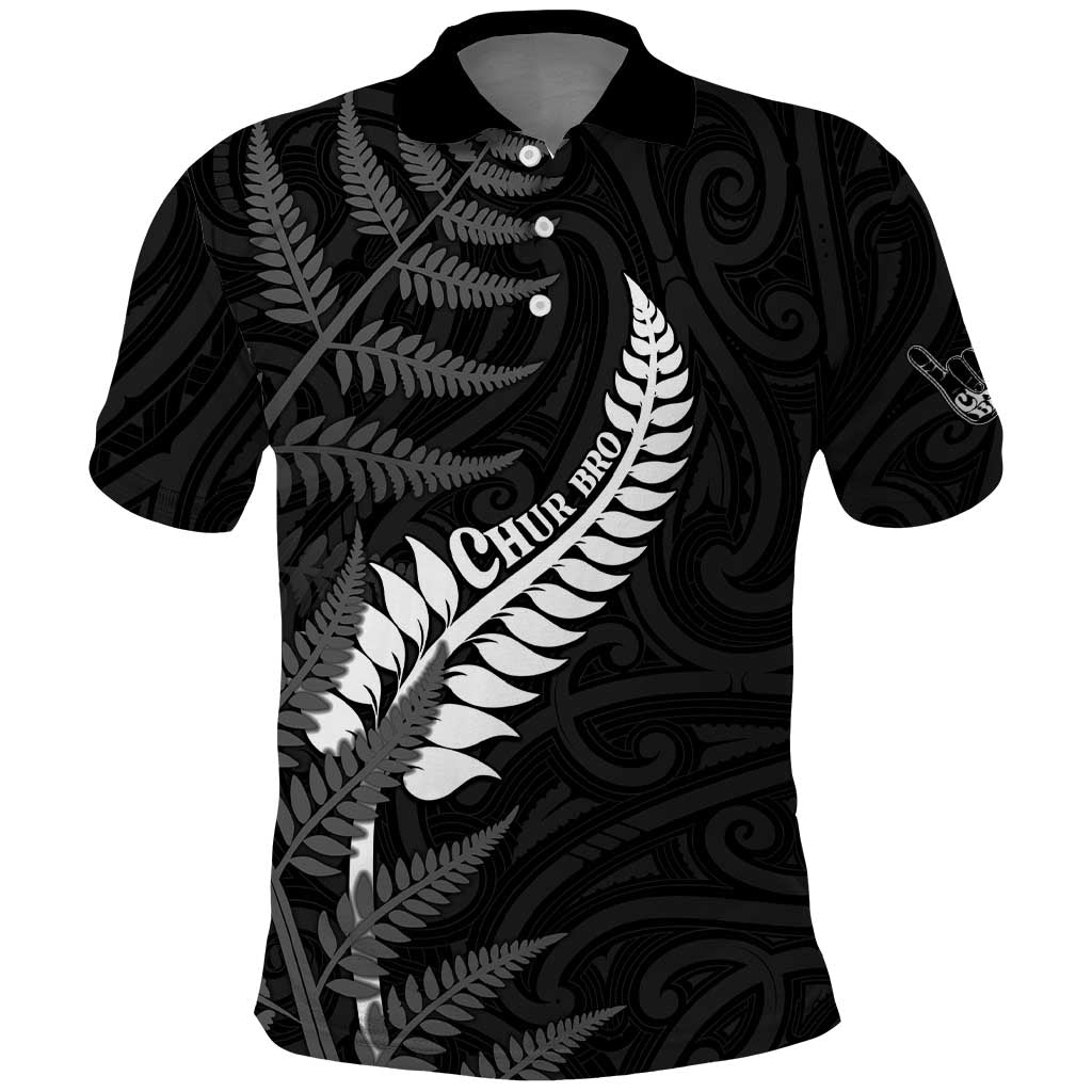 Personalised New Zealand Chur Bro Polo Shirt Maori Koru With Silver Fern LT05 Black - Polynesian Pride