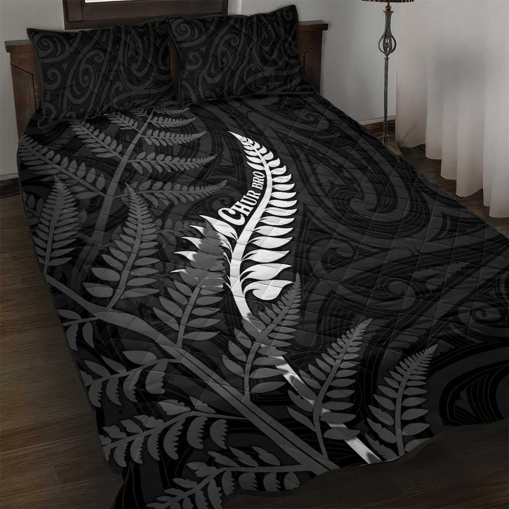 New Zealand Chur Bro Quilt Bed Set Maori Koru With Silver Fern LT05 Black - Polynesian Pride
