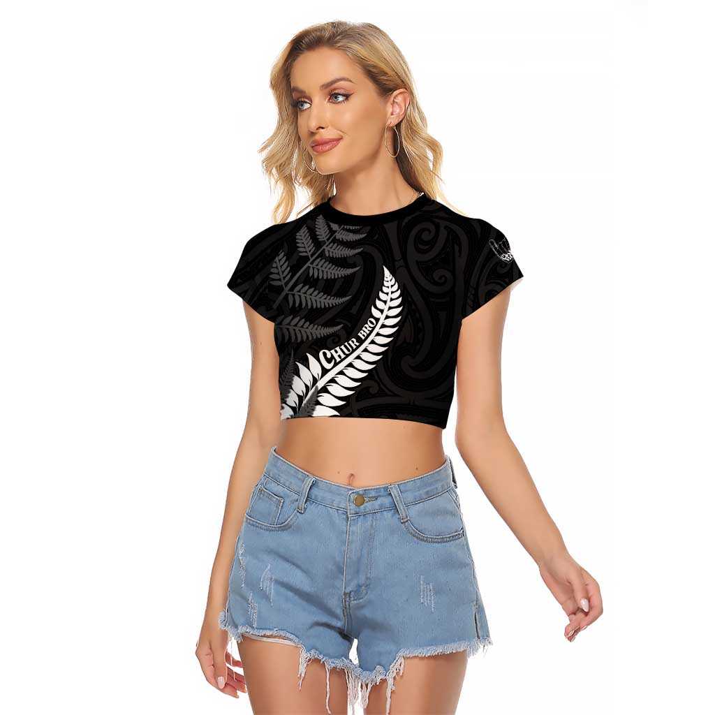 Personalised New Zealand Chur Bro Raglan Cropped T Shirt Maori Koru With Silver Fern LT05 Female Black - Polynesian Pride