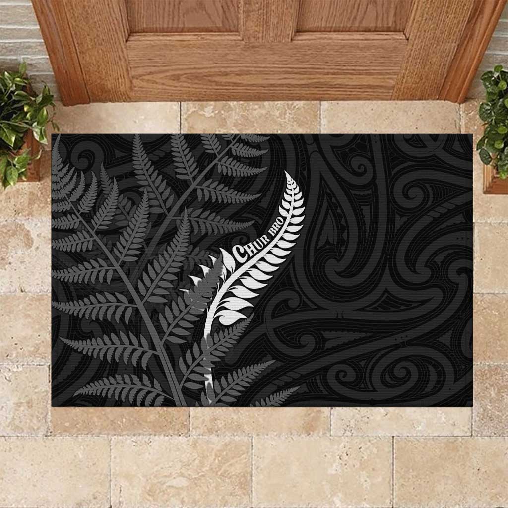 New Zealand Chur Bro Rubber Doormat Maori Koru With Silver Fern LT05 Black - Polynesian Pride
