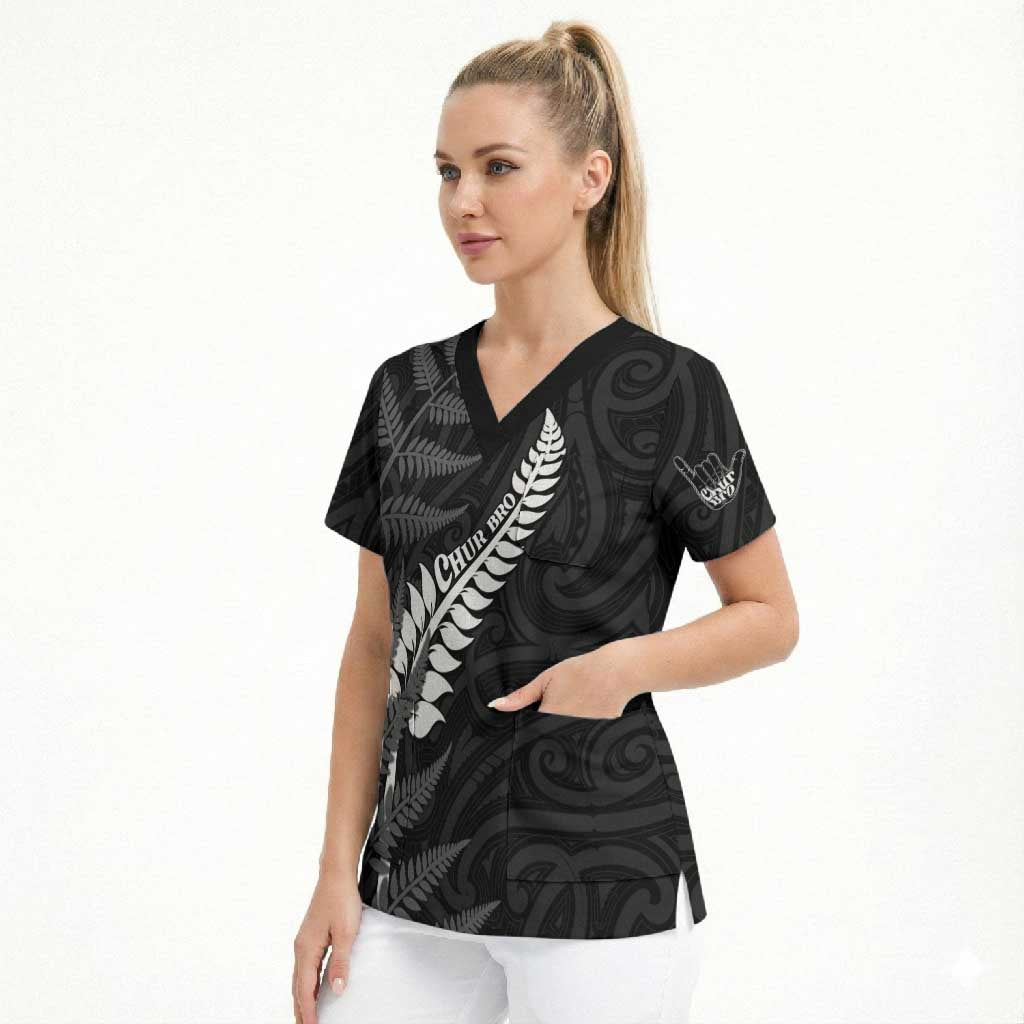 Personalised New Zealand Chur Bro Scrub Top Maori Koru With Silver Fern LT05 - Polynesian Pride