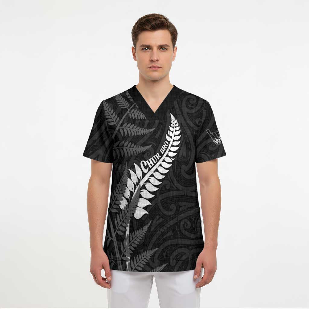 Personalised New Zealand Chur Bro Scrub Top Maori Koru With Silver Fern LT05 - Polynesian Pride
