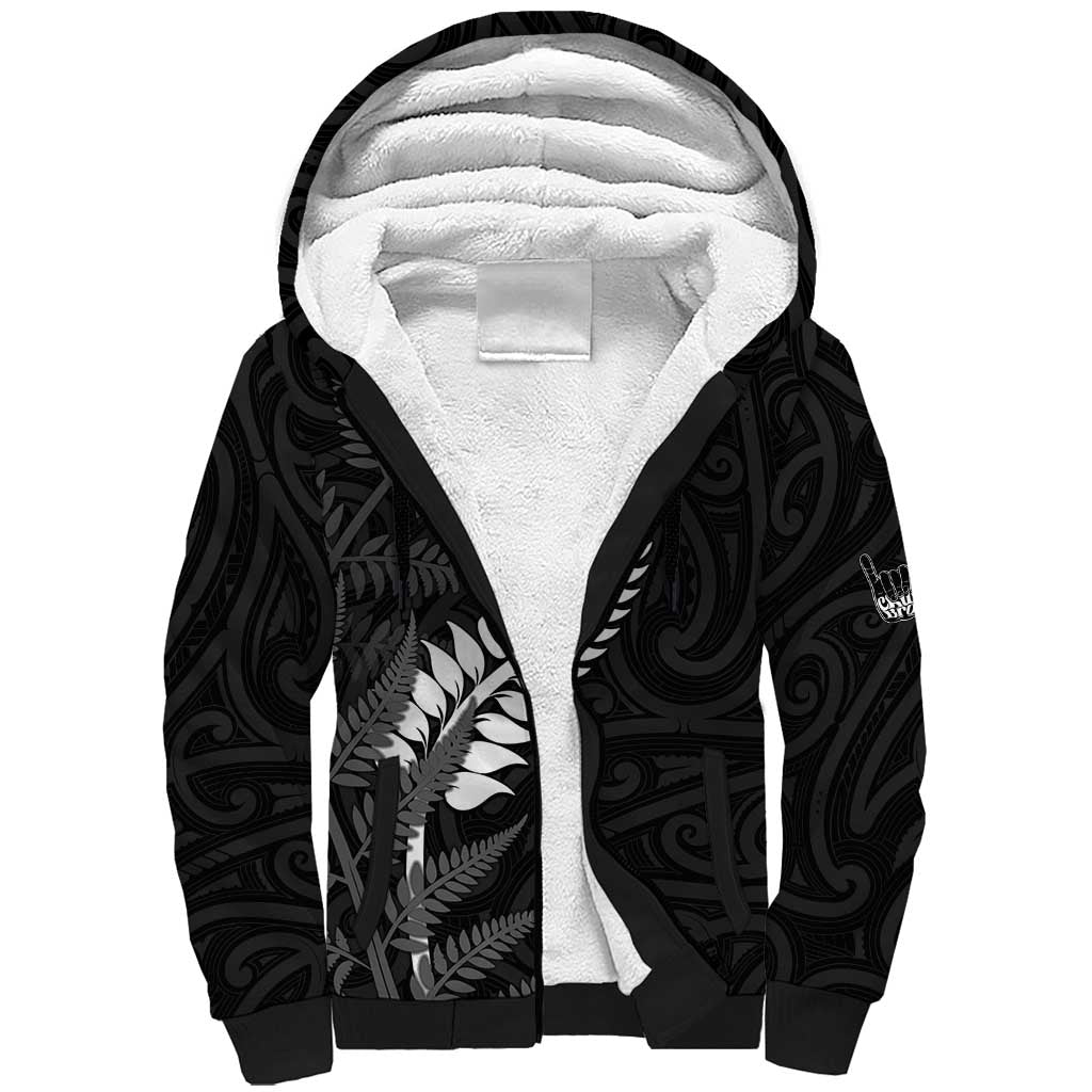 Personalised New Zealand Chur Bro Sherpa Hoodie Maori Koru With Silver Fern LT05 Unisex Black - Polynesian Pride
