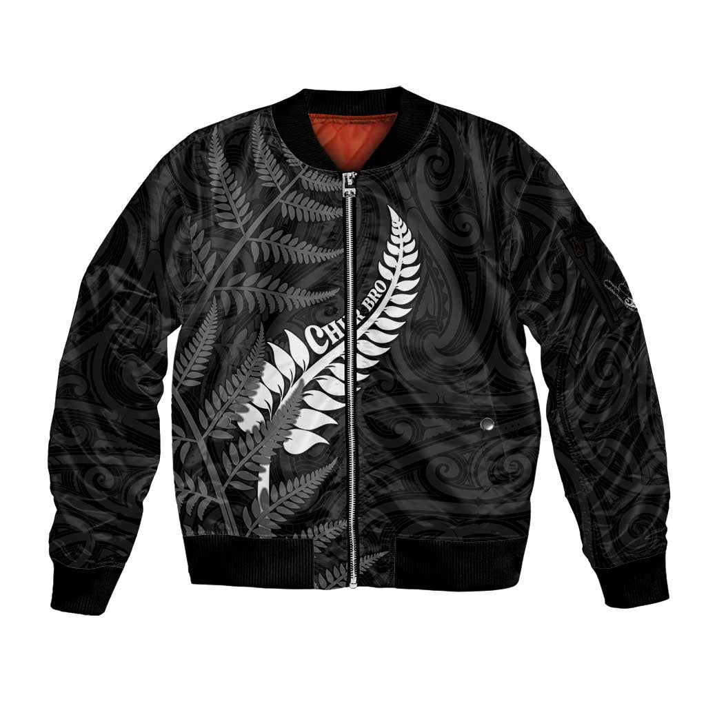Personalised New Zealand Chur Bro Sleeve Zip Bomber Jacket Maori Koru With Silver Fern LT05 Unisex Black - Polynesian Pride