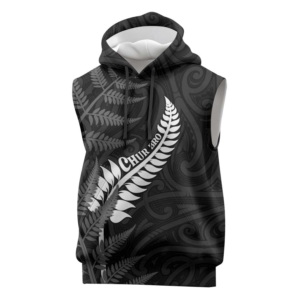 Personalised New Zealand Chur Bro Sleeveless Hoodie Maori Koru With Silver Fern LT05 Black - Polynesian Pride