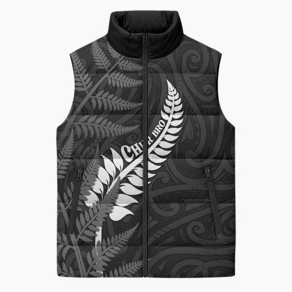 Personalised New Zealand Chur Bro Sleeveless Puffer Jacket Maori Koru With Silver Fern LT05 Unisex Black - Polynesian Pride