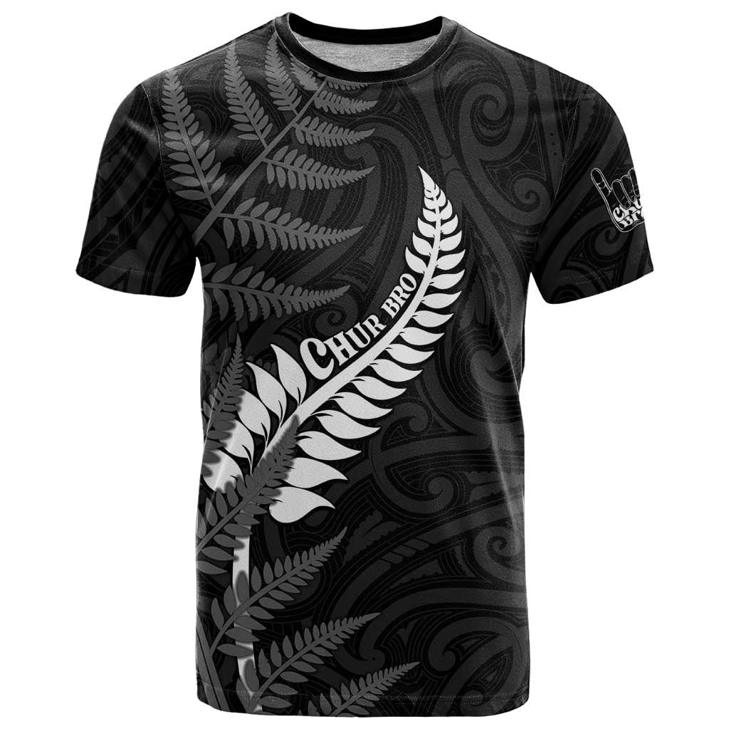 Personalised New Zealand Chur Bro T Shirt Maori Koru With Silver Fern LT05 Black - Polynesian Pride