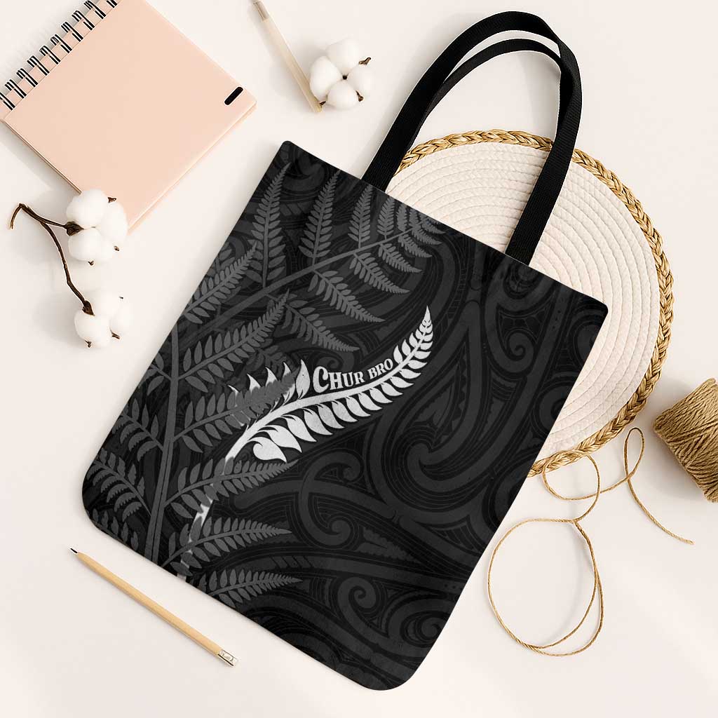 New Zealand Chur Bro Tote Bag Maori Koru With Silver Fern LT05 Black Strap One Size Black - Polynesian Pride