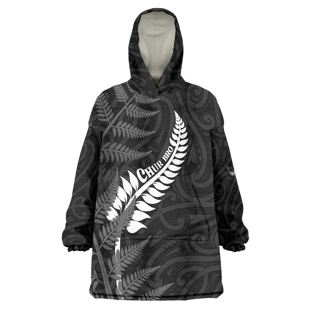 Personalised New Zealand Chur Bro Wearable Blanket Hoodie Maori Koru With Silver Fern LT05 One Size Black - Polynesian Pride