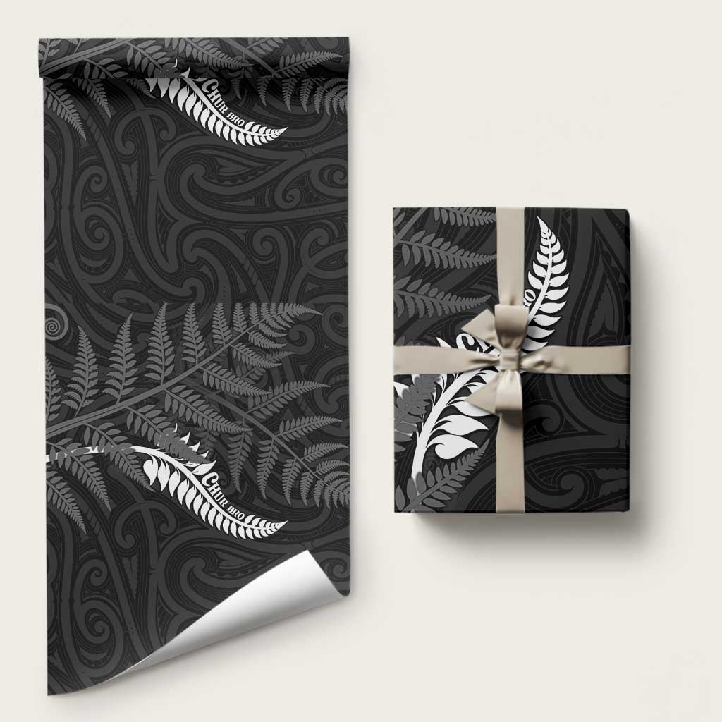 New Zealand Chur Bro Wrapping Paper Maori Koru With Silver Fern LT05 58" × 23" Black - Polynesian Pride