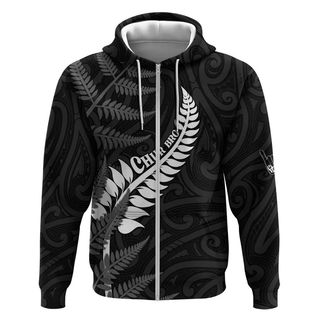 Personalised New Zealand Chur Bro Zip Hoodie Maori Koru With Silver Fern LT05 Zip Hoodie Black - Polynesian Pride