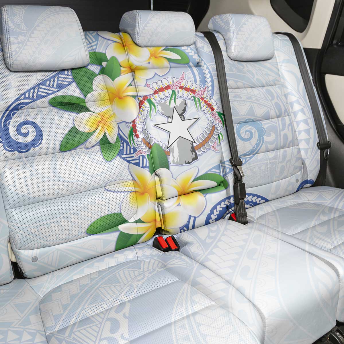 Northern Mariana Islands Chamorro Back Car Seat Cover Plumeria Curves Style White Version LT05 - Polynesian Pride