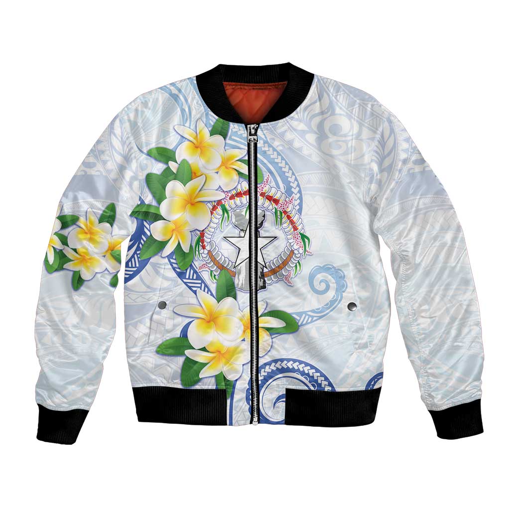 Northern Mariana Islands Chamorro Bomber Jacket Plumeria Curves Style White Version LT05 Unisex White - Polynesian Pride