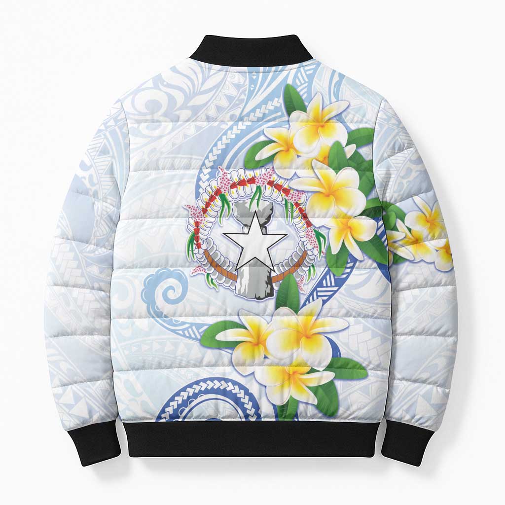 Northern Mariana Islands Chamorro Bomber Puffer Jacket Plumeria Curves Style White Version LT05 - Polynesian Pride