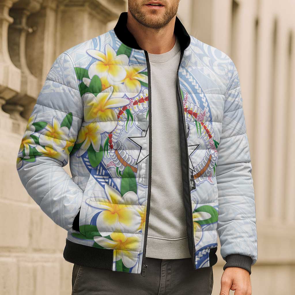 Northern Mariana Islands Chamorro Bomber Puffer Jacket Plumeria Curves Style White Version LT05 - Polynesian Pride