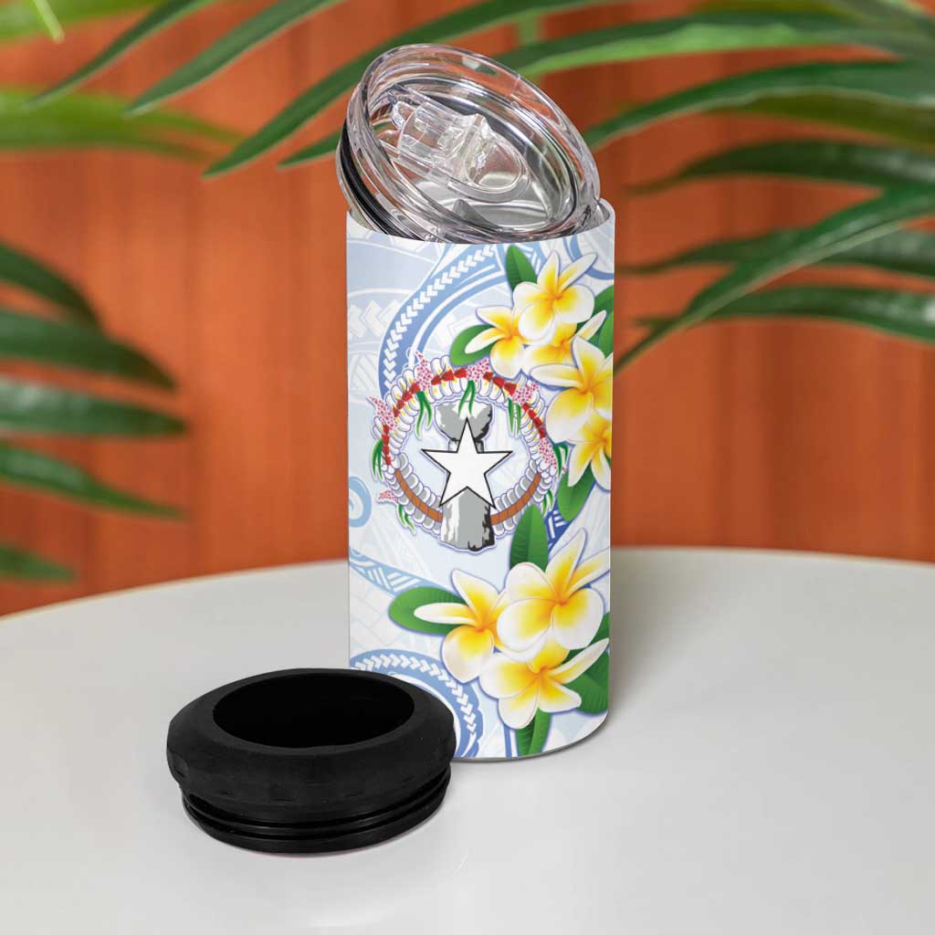 Northern Mariana Islands Chamorro 4 in 1 Can Cooler Tumbler Plumeria Curves Style White Version LT05 - Polynesian Pride