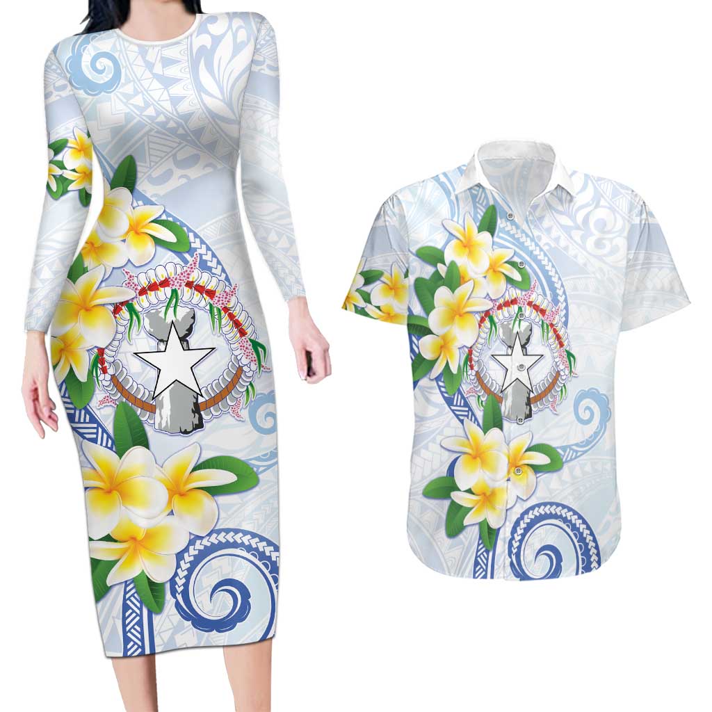 Northern Mariana Islands Chamorro Couples Matching Long Sleeve Bodycon Dress and Hawaiian Shirt Plumeria Curves Style White Version
