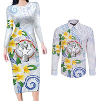 Northern Mariana Islands Chamorro Couples Matching Long Sleeve Bodycon Dress and Long Sleeve Button Shirt Plumeria Curves Style White Version