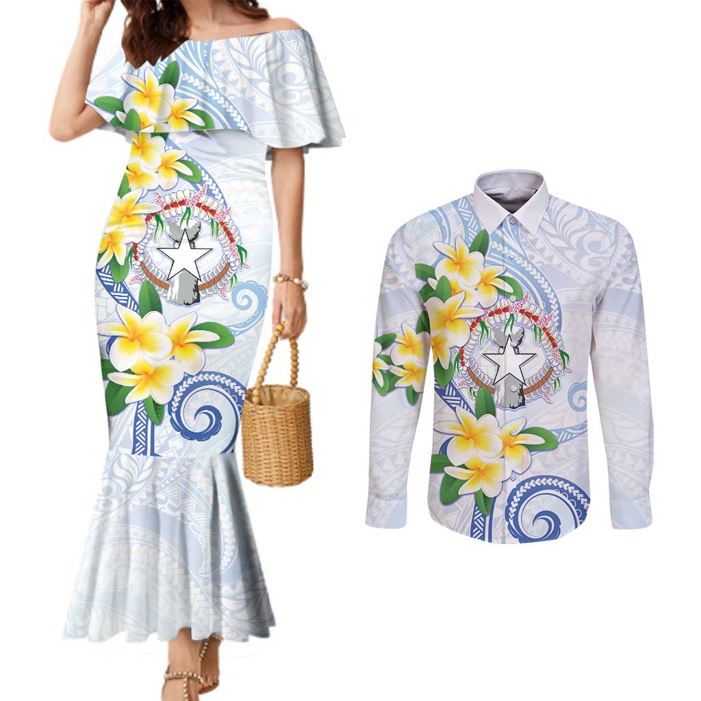 Northern Mariana Islands Chamorro Couples Matching Mermaid Dress and Long Sleeve Button Shirt Plumeria Curves Style White Version