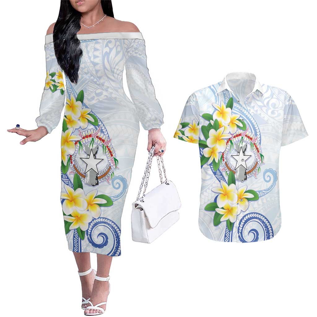 Northern Mariana Islands Chamorro Couples Matching Off The Shoulder Long Sleeve Dress and Hawaiian Shirt Plumeria Curves Style White Version